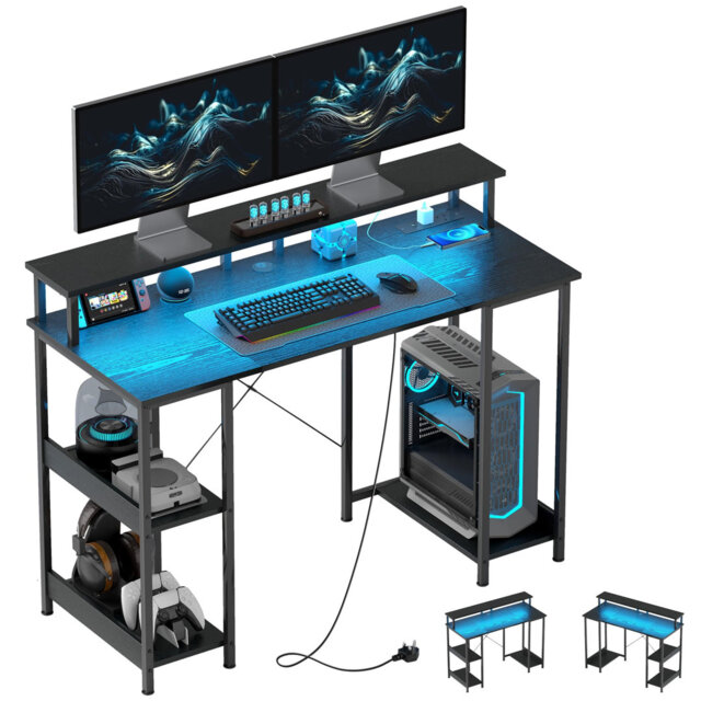 Computer Desk With Power Outlet And LED Light, Flip Home Desk With Monitor Stand And 2-Tier Storage Shelves