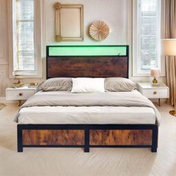Industrial Metal Bed Frame With 4 Drawers And Led Light Head Board And Charging Ports