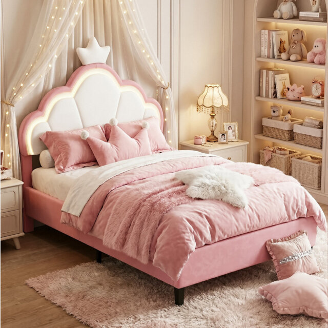 UK Single & Double Upholstered Princess Bed With LED Crown Headboard, Pink & White Velvet