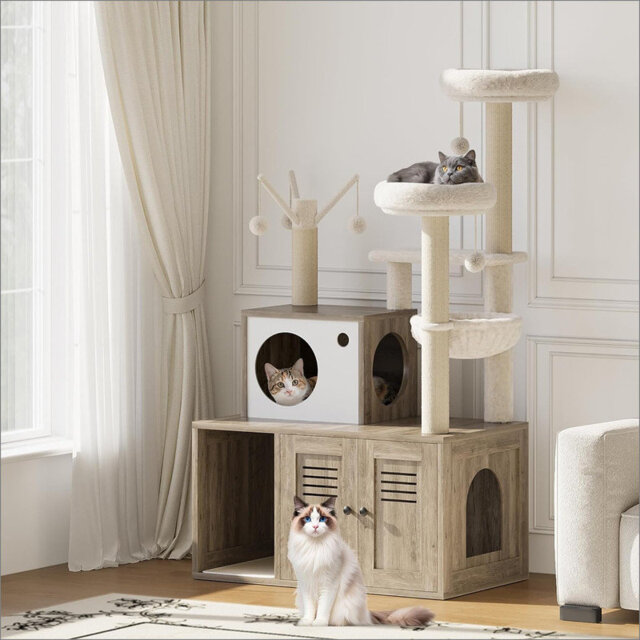 Litter Box Enclosure with Tree Tower and Condo, Wooden Cat Tower with Scratching Posts, Cat Hammock, Hidden Litter Box Furniture,Wooden Cat Furniture