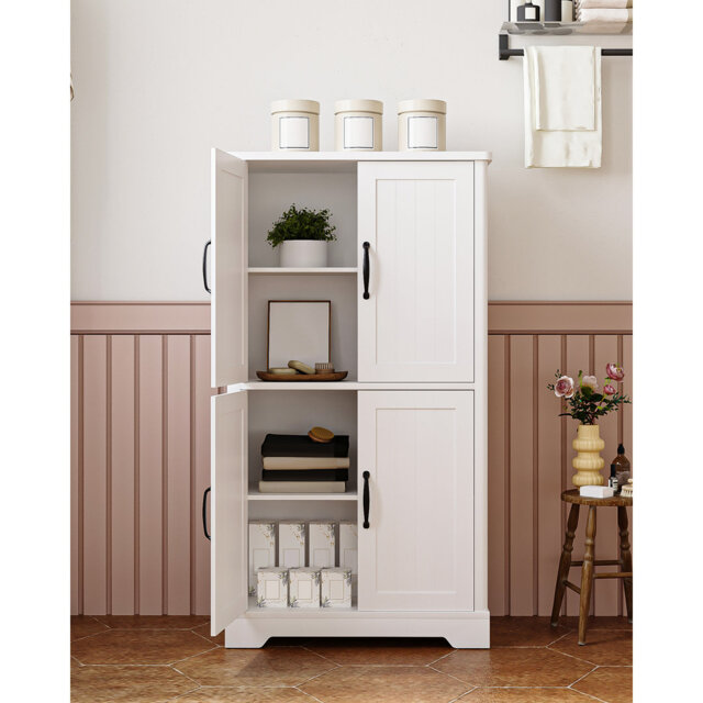 Bathroom Storage Cabinet, Bathroom Floor Cabinet with 4 Doors, Adjustable Shelf, Free Standing Storage Cupboard for Living Room, Hallway, Kitchen, Whi