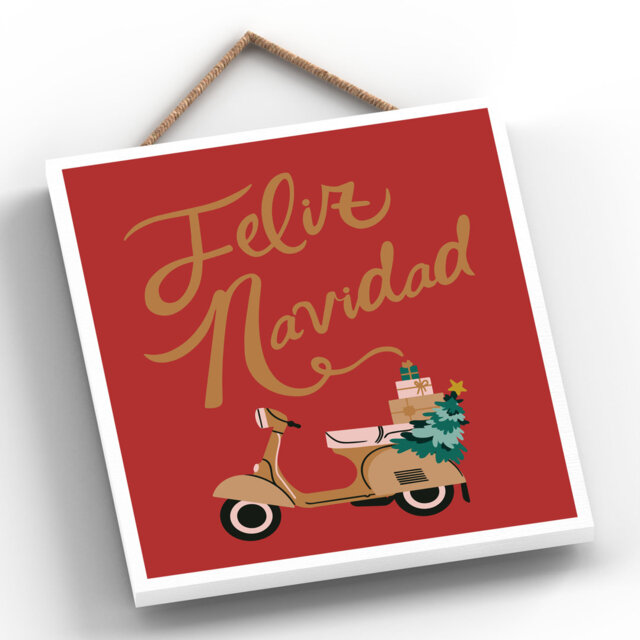 Feliz Navidad Scooter Festive Christmas Wooden Plaque Vivid Squid Wholesale Wall Decor