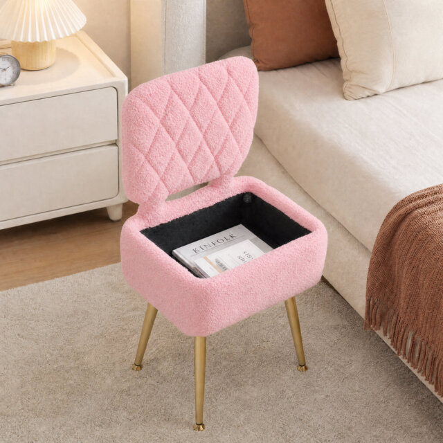Sherpa Upholstered Vanity Chair Stool with Storage, Makeup Dressing Table Seat - collapsible Backrest - Compact Ottoman Chair for Bedroom - Pink
