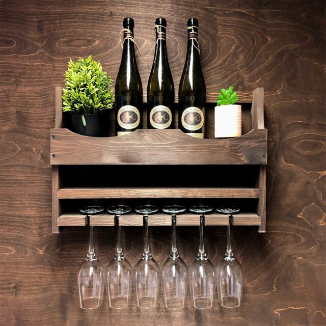 Leitersburg 6 Bottle Solid Wood Wall Mounted Wine Bottle and Glass Rack