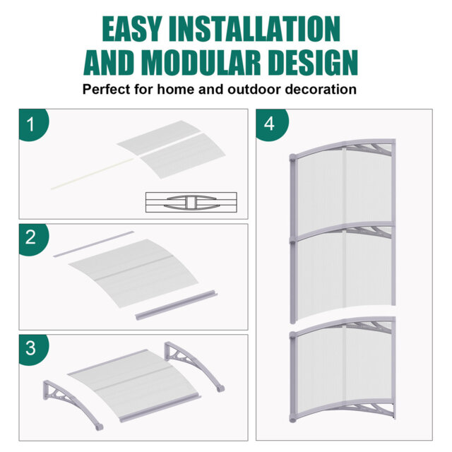 "Front Door Canopy with Built-in Rain Gutter – 40"" Depth Polycarbonate Overdoor & Window Awning, Weatherproof Porch & Entrance Canopy"