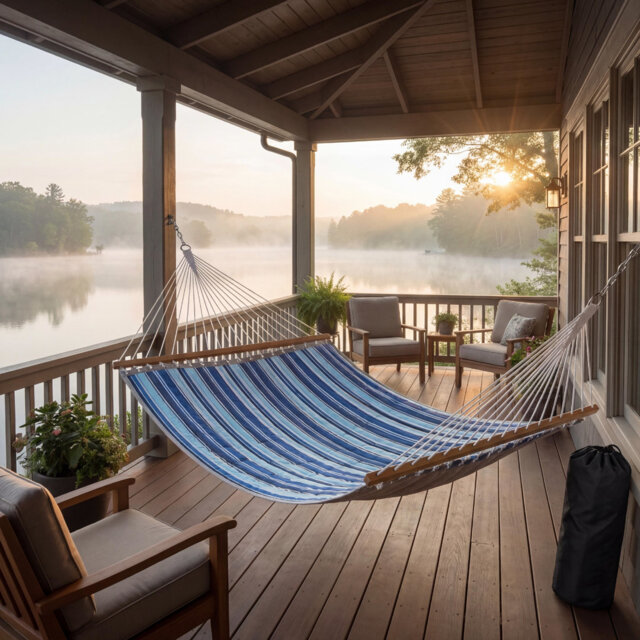 3.5m 2 Person Double Outdoor Hammock, Dark Grey Large Swing Bed with Curved Wooden Spreader Bar, Detachable Pillow & Hanging Chains, 204kg Weight Capa