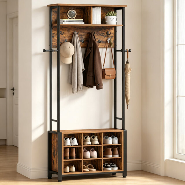 Hall Tree with Bench & Shoe Storage, Multi-Function Entryway Coat Stand with 11 Open Shoe Cubbies, Adjustable Shelves, 11 Hooks and Top Storage