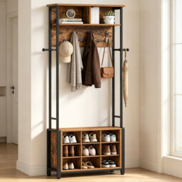 Hall Tree with Bench & Shoe Storage, Multi-Function Entryway Coat Stand with 11 Open Shoe Cubbies, Adjustable Shelves, 11 Hooks and Top Storage