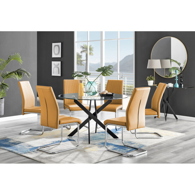 Tierra Modern Chrome Metal & Glass Round Dining Table Set with 6 Upholstered Faux Leather Chairs