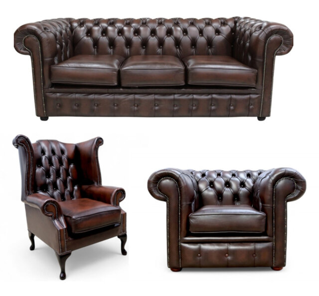 Chesterfield 3 Piece Suite. 3 Seater Sofa + Club Chair + Queen Anne Wing Chair Leather Sofa Suite Offer Antique