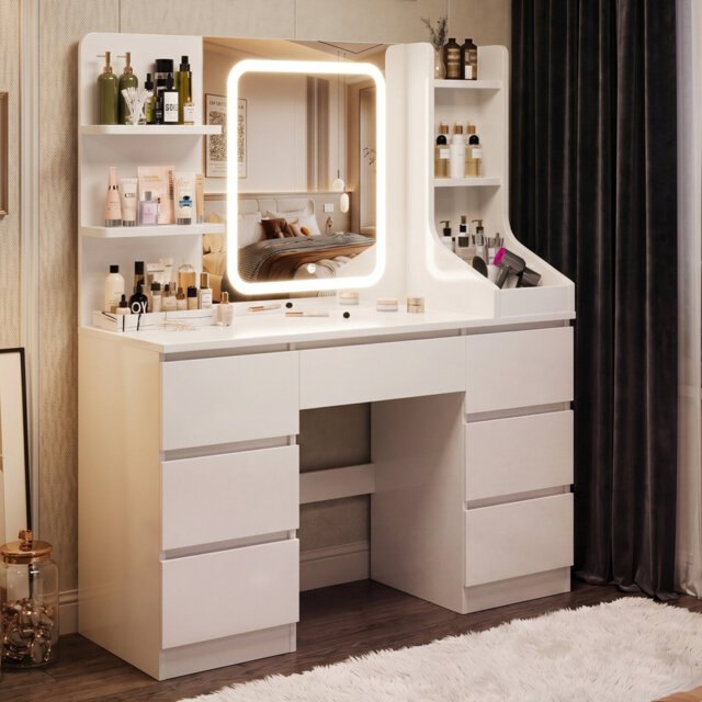 LED Dressing table 7 Drawers and 7 Storage Shelves Dressing Table With Mirror Large Desktop Makeup Desk