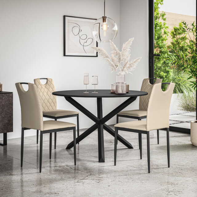 Daraich Round Dining Table And Chairs -  Table Top w Legs + Daraich Faux Leather Dining Chair Set Of 4