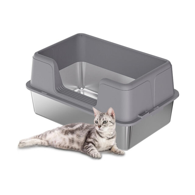Large Semi-Enclosed Stainless Steel Cat Litter Box with Lid, High-Sided Enclosure Anti-Splash Litter Pan, Removable Tray, Non-Slip Mat & Scoop, Easy t
