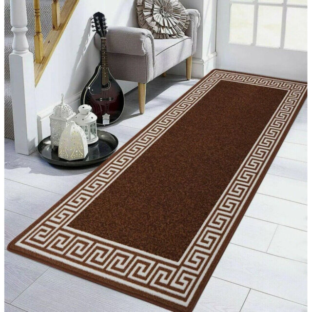 Plain Rug with Greek key Bordered Gel backed Rug Alixe Brown/Beige Rug