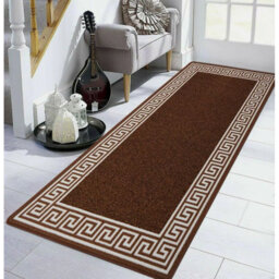 Plain Rug with Greek key Bordered Gel backed Rug Alixe Brown/Beige Rug