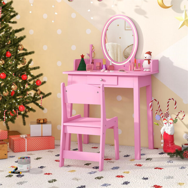 Vanity Table And Chair, Wooden Children Dressing Table With 2-Color LED Lights & Removable Mirror