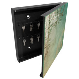 Decorative key box for wall, Opens to the left, 30x30x5, White, A tree with white flowers on a turquoise background,