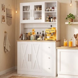 Kitchen Larder Pantry Cabinet Sideboard with Sockets,LED Light,Drawers