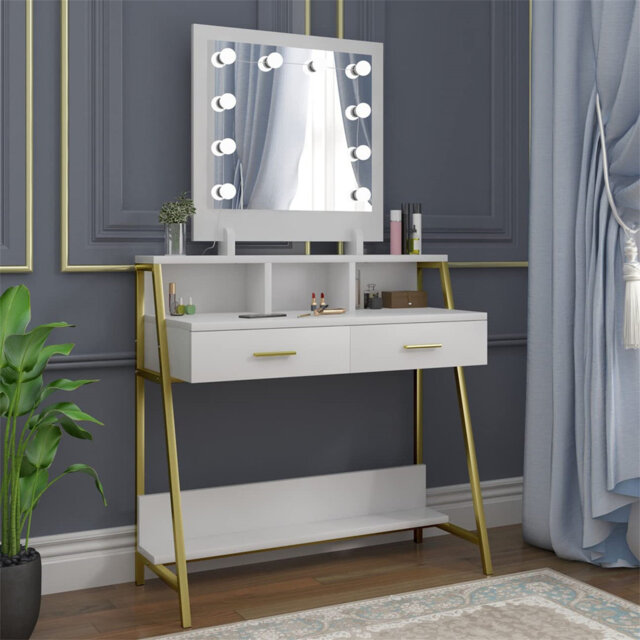 Dressing Table With LED Lights Mirror, Makeup Desk With Adjustable Brightness, Vanity Table With Drawers And Shelves, Modern Dresser, White Bedroom Fu