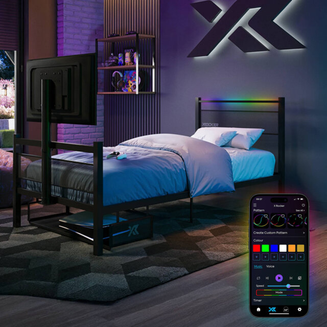 X Rocker Basecamp RGB Single Gaming TV Bed with App Controlled LED Lights - Black