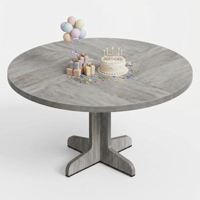 Round Dining Table, 119.9-cm Wooden Kitchen Table for 4-6 People, Farmhouse Circle Dinner Tables with Wooden Tabletop and Legs, No Shaking Easy Assemb