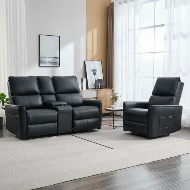 MADRID 1+2 SEATER w CONSOLE MANUAL AIR LEATHER RECLINER SOFA SET BLACK