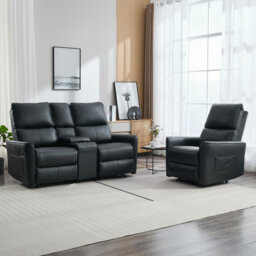 MADRID 1+2 SEATER w CONSOLE MANUAL AIR LEATHER RECLINER SOFA SET BLACK