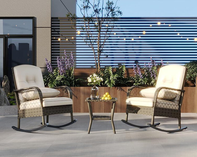 3-Piece PE Rattan Patio Rocking Chair Set, Bistro Set with Cushions & 5mm Tempered Glass Table, All-Weather Outdoor Furniture for Porch, Balcony, Gard