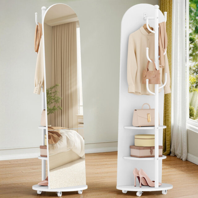 Full Length Mirror, 360° Rotating Floor Mirror with Wheels, 165 x 45 cm, Standing Mirror with Coat Rack, with Shelves and Hooks for Bedroom, Living Ro