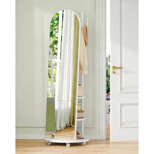 Full Length Mirror, 360° Rotating Floor Mirror with Wheels, 165 x 45 cm, Standing Mirror with Coat Rack, with Shelves and Hooks for Bedroom, Living Ro