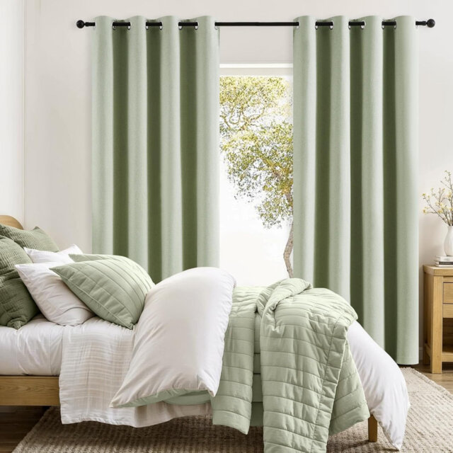 "Green Linen Full Blackout Eyelet Curtains 54 Inch Long Drop, 52"" Wide 2 Panels"