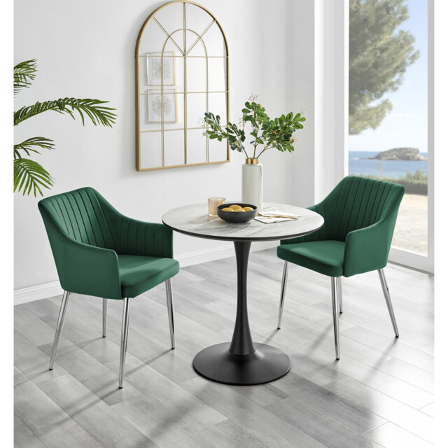 Ellis White Marble Effect Melamine Round Dining Table Set with 2 Luxury Modern Velvet Dining Chairs