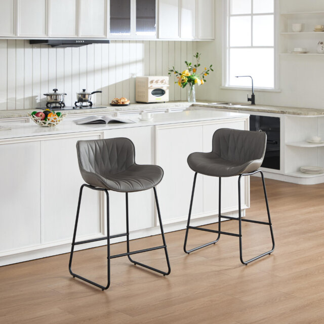 Wahson Bar Stools Set of 2 in PU Leather Modern Counter Chairs with Black Metal Legs for Kitchen Home Bar Restaurant, Orange