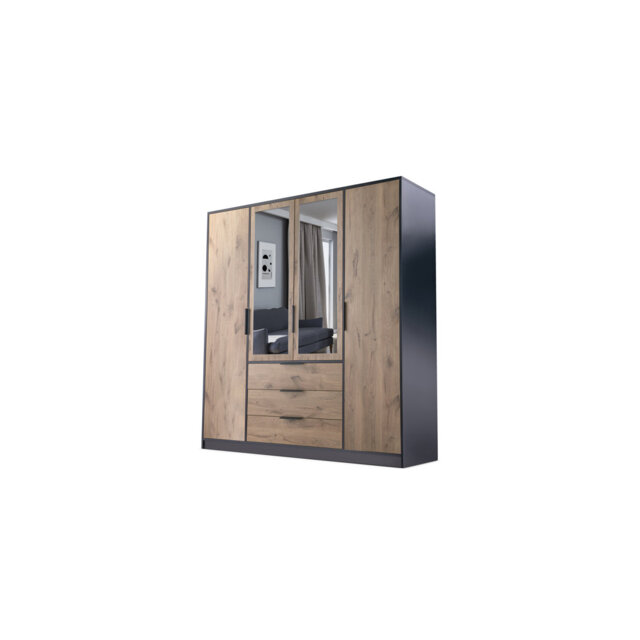 Contemporary Black & Oak Viking 4-Door Wardrobe with Mirror - Spacious Modern Storage Solution