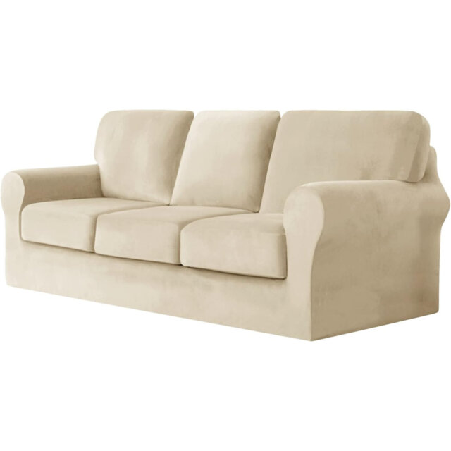 Sofa Cover With Separate Seat Cushions And Backrests Stretch Velvet Sofa Slipcover Couch Covers Furniture Protector Split Combined (Beige,Large 3-Seat