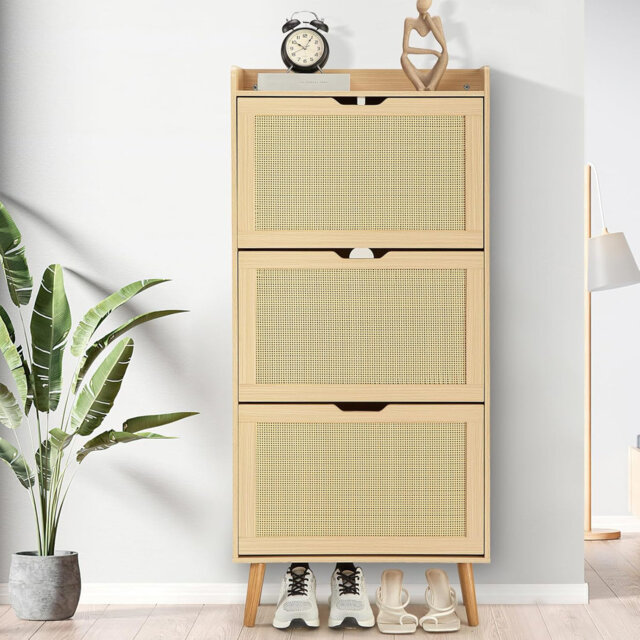 Slim Rattan Shoe Cabinet, 2/3 Flip Drawers, Narrow Storage for 12-20 Pairs