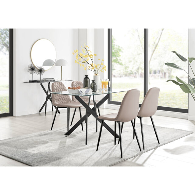 Lenworth Modern Metal and Glass Dining Table Set - Luxury Faux Leather Dining Chairs