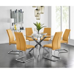 Tierra Modern Chrome Metal & Glass Round Dining Table Set with 6 Upholstered Faux Leather Chairs