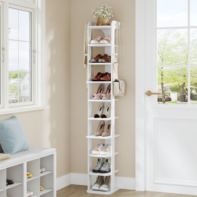 Vertical Shoe Rack, Narrow Shoe Rack For Small Space, Wooden Shoes Organizer With Hooks, Adjustable Slim Shoes Tower for Entryway, Living Room, Bedroo