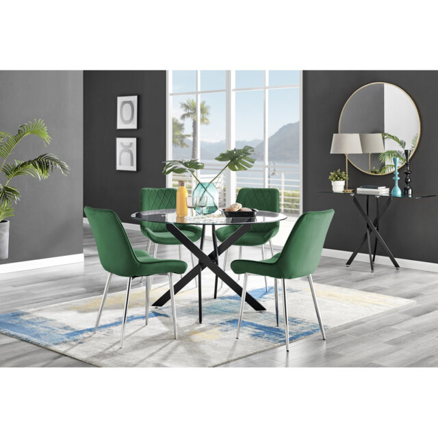 Tierra Modern Chrome Metal & Glass Round Dining Table Set with 4 Luxury Velvet Dining Chairs