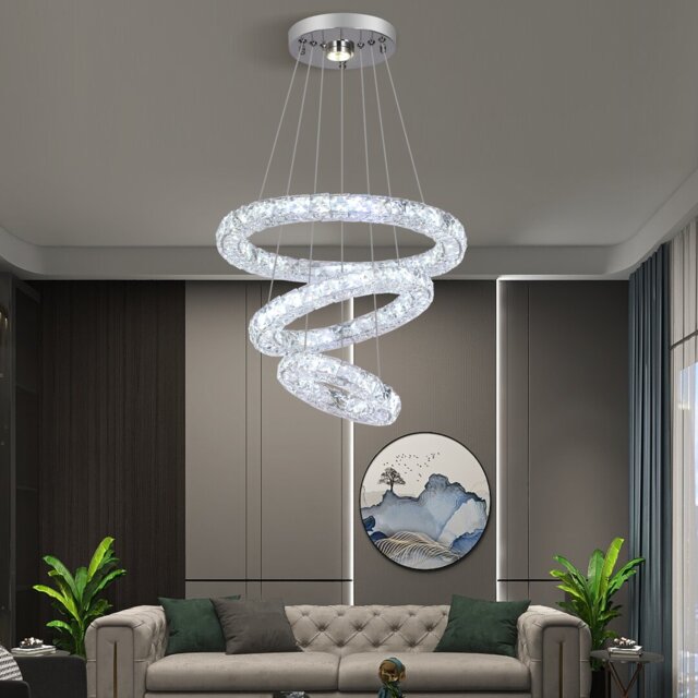 Modern Crystal Chandelier, 3 Rings Round Led Ceiling Light Recessed Mount Stainless Steel Pendant Light Fixture For Bedroom Dining Room Living Room,tw