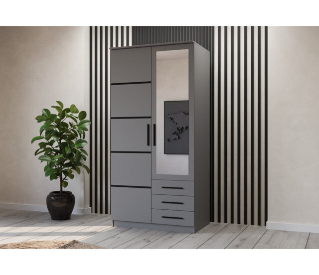 Grey 2-Door Wardrobe with Mirror and Black Trim 100x207cm – Three Drawers, Five Shelves