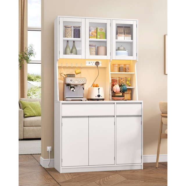 Kitchen Cupboard with LED & Power Outlet, Tall Kitchen Cabinet with Countertop & 2 Drawers, Sideboard Storage Cabinet, Adjustable Shelves, for Dining