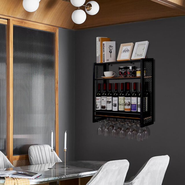 Annalie 16 Bottle Wall Mounted Wine Bottle & Glass Rack Black