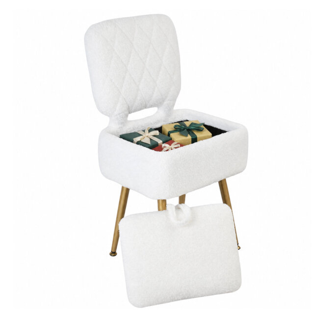 Sherpa Upholstered Vanity Chair Stool with Storage, Makeup Dressing Table Seat - collapsible Backrest - Compact Ottoman Chair for Bedroom - White