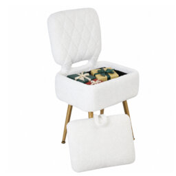 Sherpa Upholstered Vanity Chair Stool with Storage, Makeup Dressing Table Seat - collapsible Backrest - Compact Ottoman Chair for Bedroom - White
