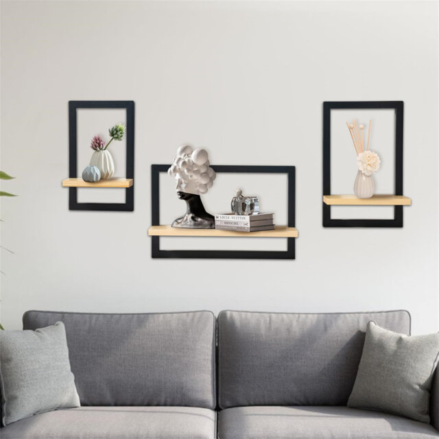Set of 3 wall shelves, floating shelf for wall decoration, hanging shelves for wall storage, square wall shelf, wall shelf, wooden hanging shelf for b