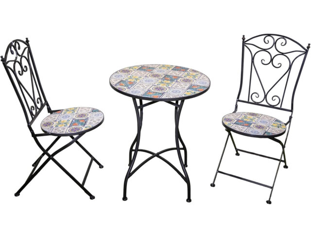 Lisbon Mosaic Bistro Set Ceramic Outdoor Table and Two Folding Chairs for Patio Balcony Garden Dining