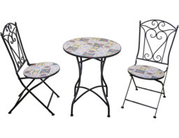 Lisbon Mosaic Bistro Set Ceramic Outdoor Table and Two Folding Chairs for Patio Balcony Garden Dining