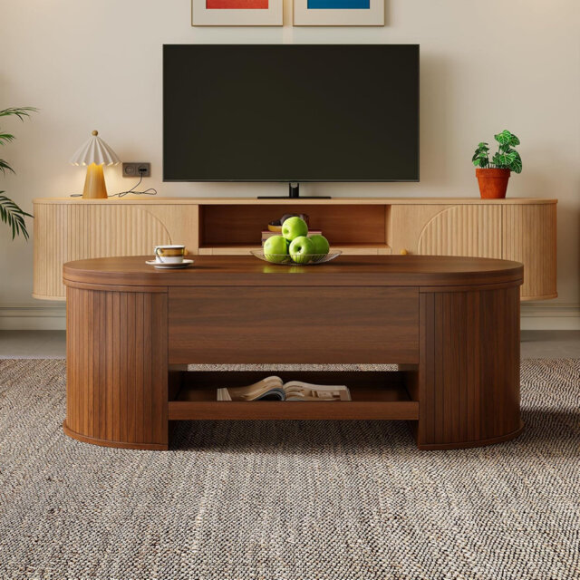 Jaxenor Lift Top Coffee Table with Extendable Shelf, Centre Table with Curved Wooden Sides, Space-Saving Tea Table with Rising Lift Up Tabletop, Stora